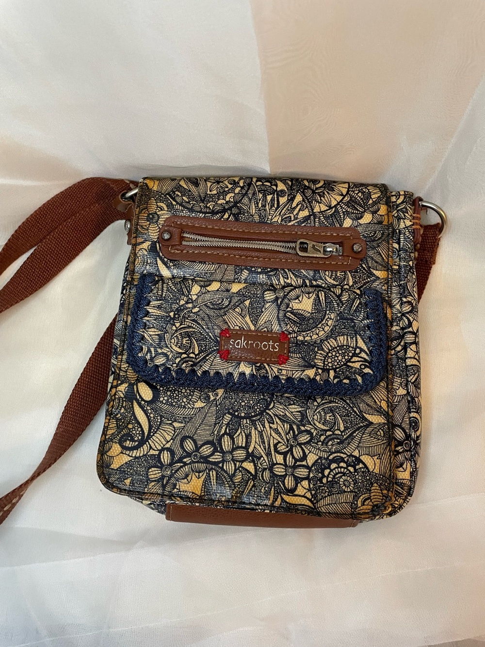 Sakroots Navy and Tan Floral Crossbody Bag with Brown Strap